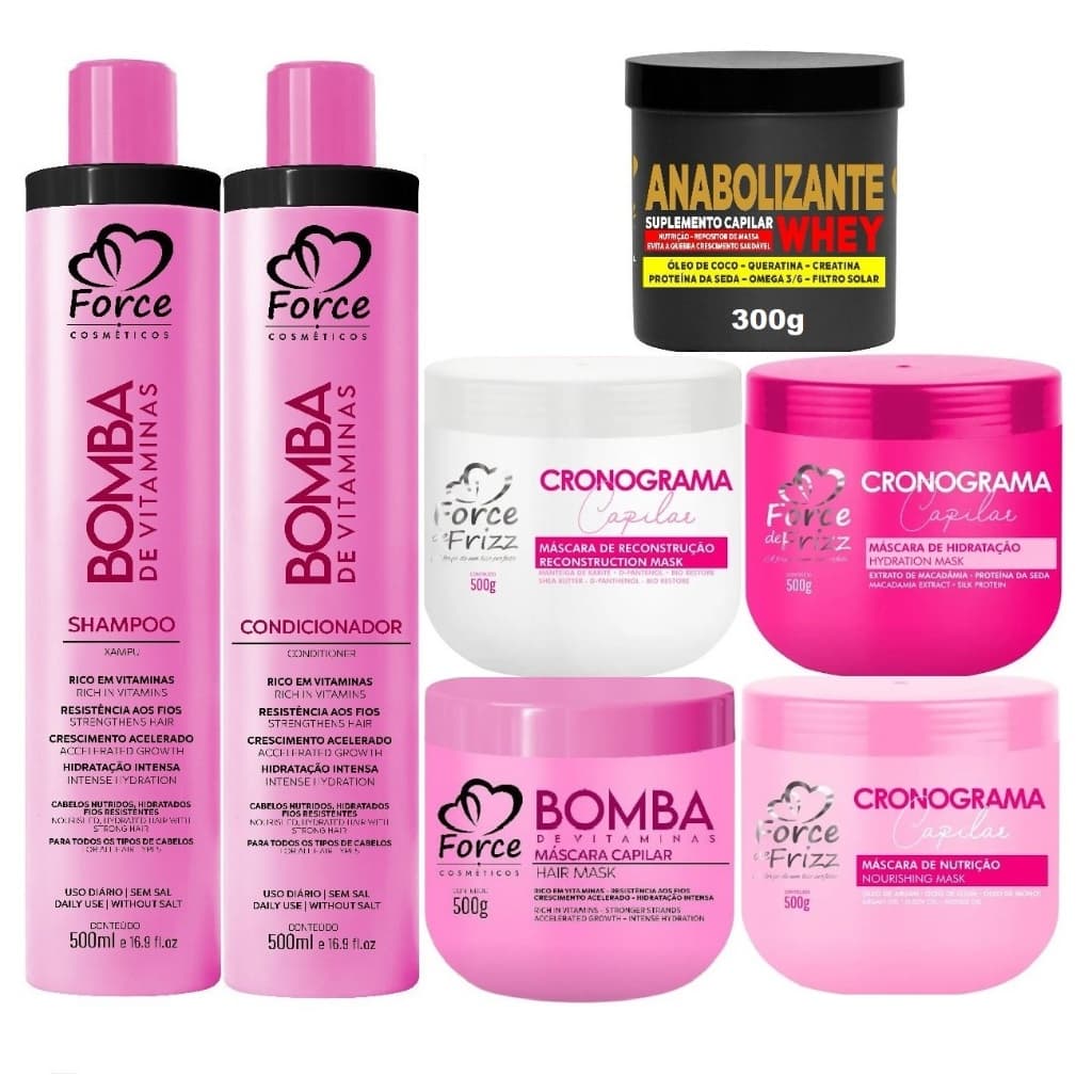 Kit Bomba de Vitaminas Force Cosméticos – Crescimento, Hidratação e Reconstrução Capilar (7 itens)