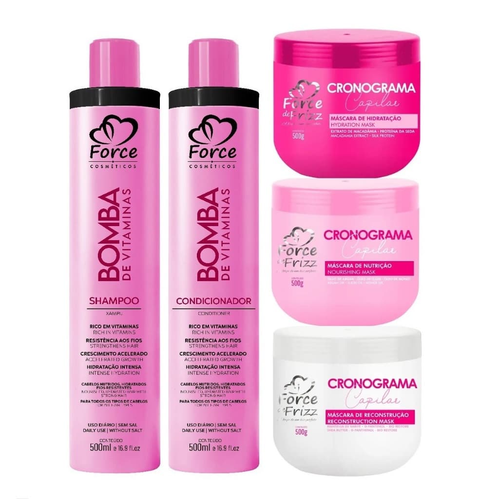 Kit Force Cosméticos Home Care Bomba de Vitaminas + Cronograma Capilar (5 Itens)