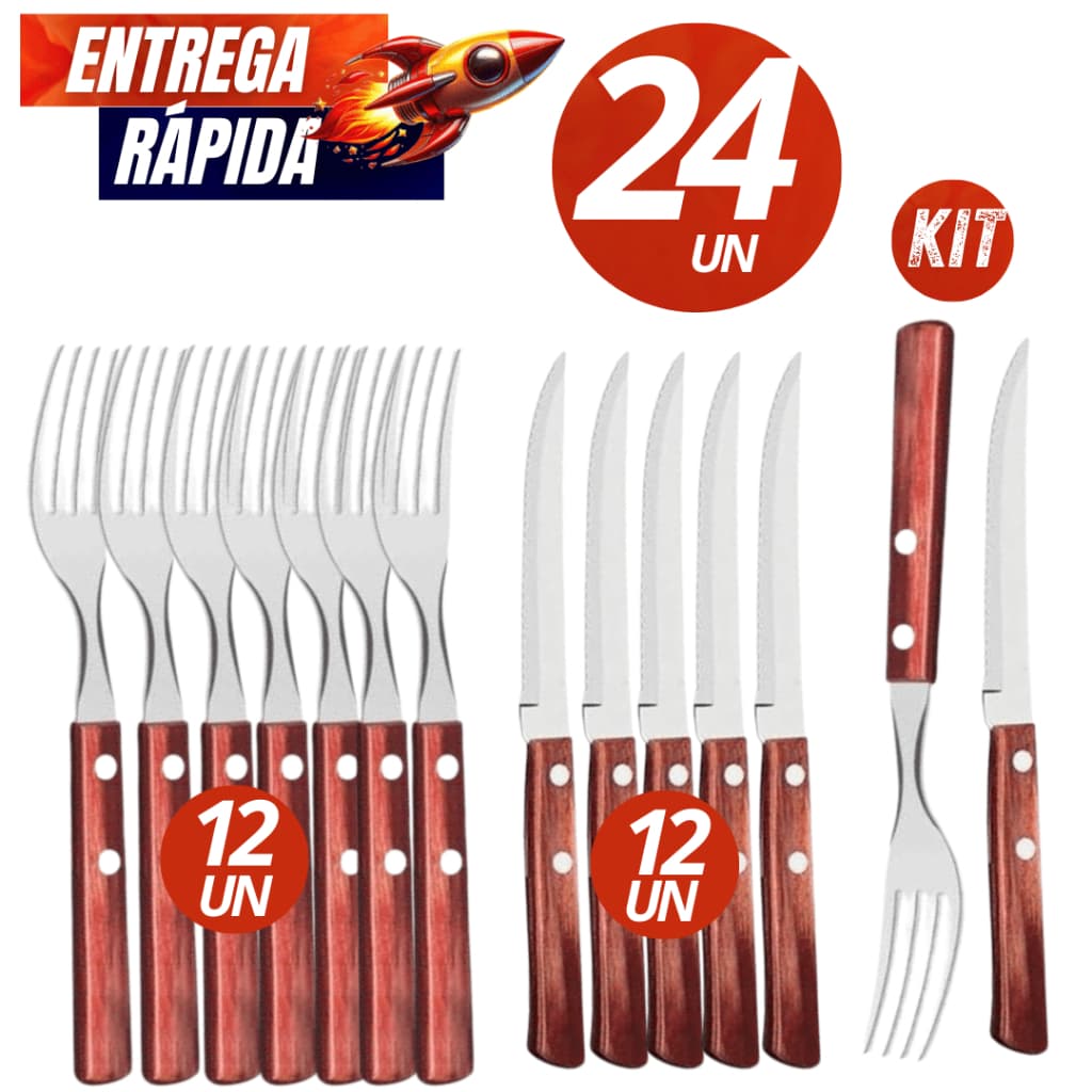 Kit 24/12  Unidades Talher Garfos + Facas de Inox com Cabo de Madeira Faqueiro Linha Premium Casa Cozinha Culinária
