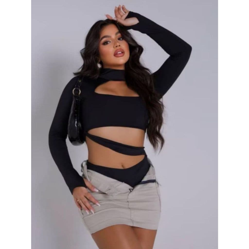 BODY MANGA LONGA COM CORTES MODA FEMININA