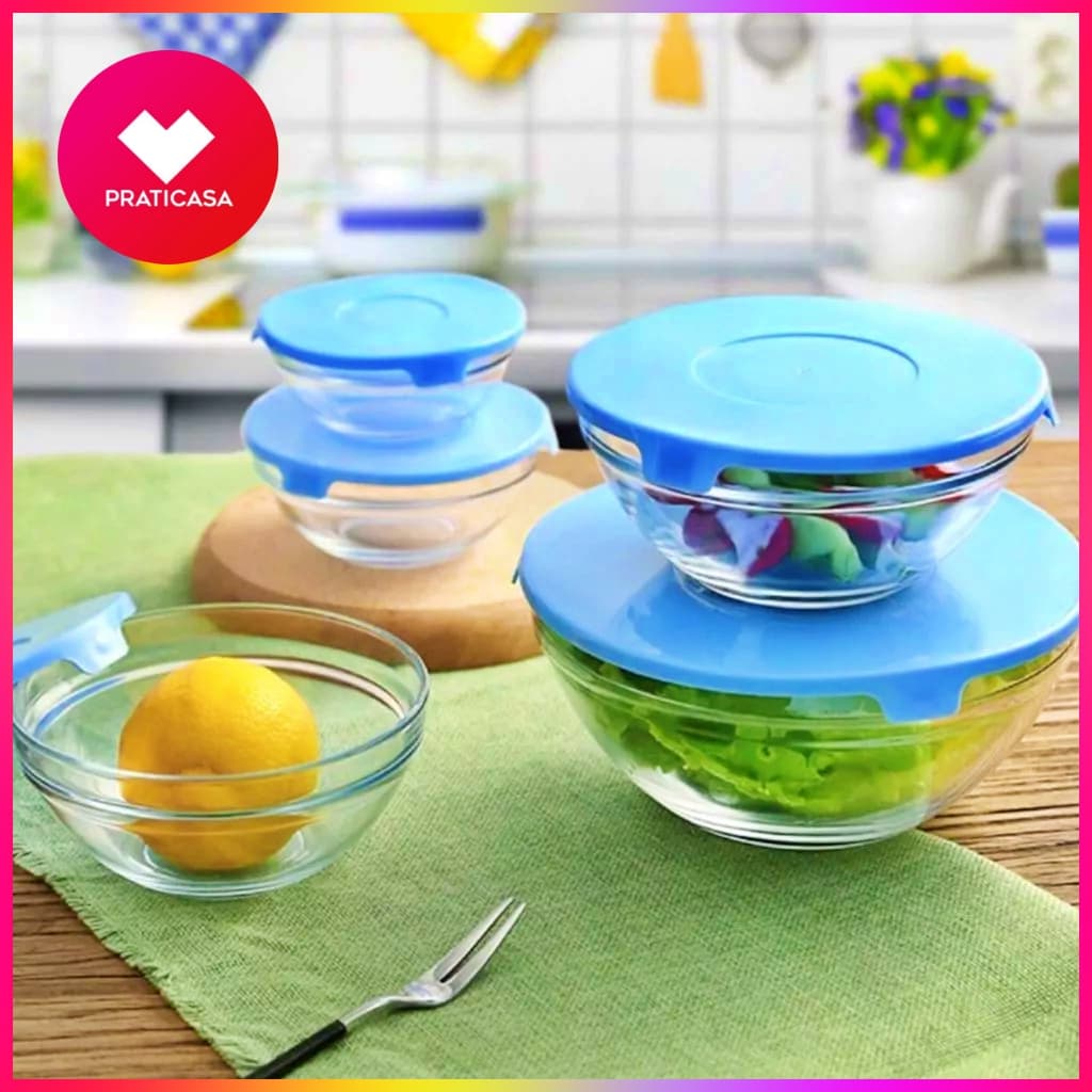 Conjunto Tigela VIDRO Bowl Marmita Tampa 5 Peças Herméticos - kit 5/3 unidades