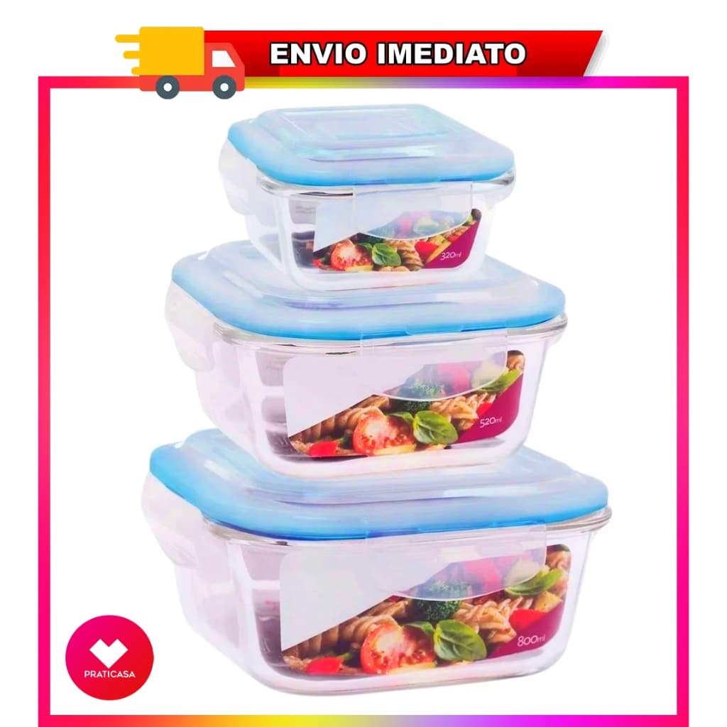 Kit 3 Potes de Vidro Quadrado 320ml / 520ml / 800ml Tampa Hermetica Marmita fitness