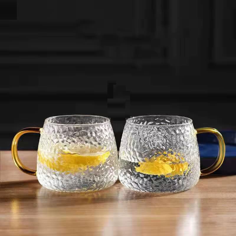Kit 2 Xícaras 420ml Canecas Vidro Criativa  Copo  Xicara Café Chá - Alça Dourada