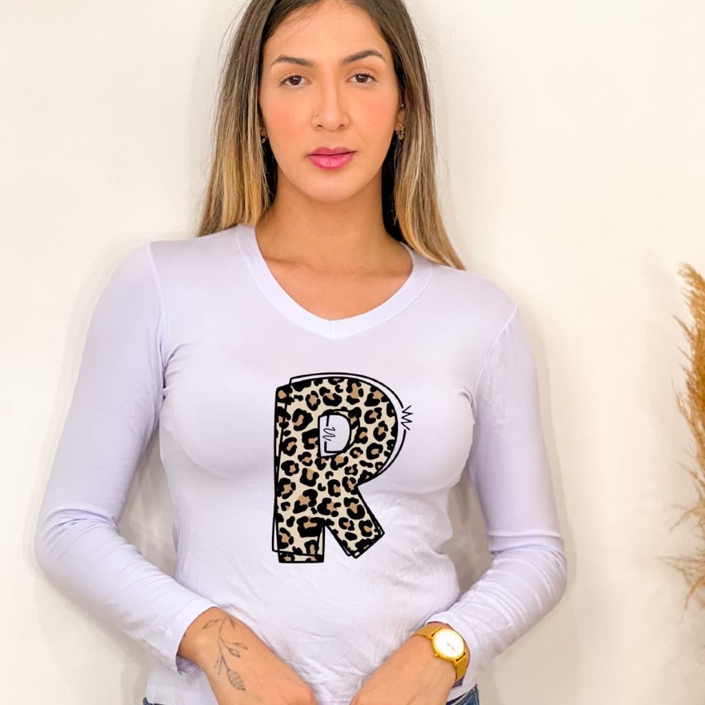 Blusa feminina Gola V longa estampa R moda basica