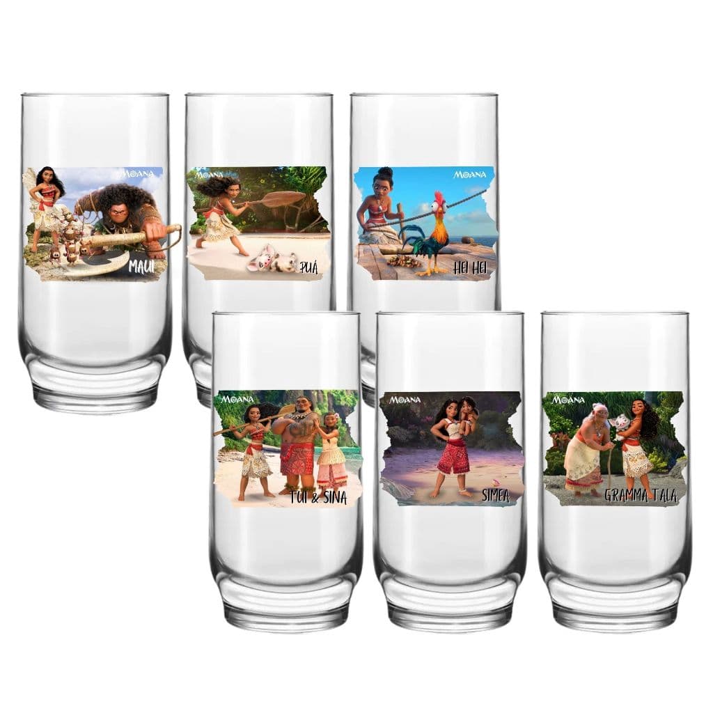 Kit 6 Copos Princesa Moana 300ml Vidro Resistente Desenho Animado Maui Água Suco Temático