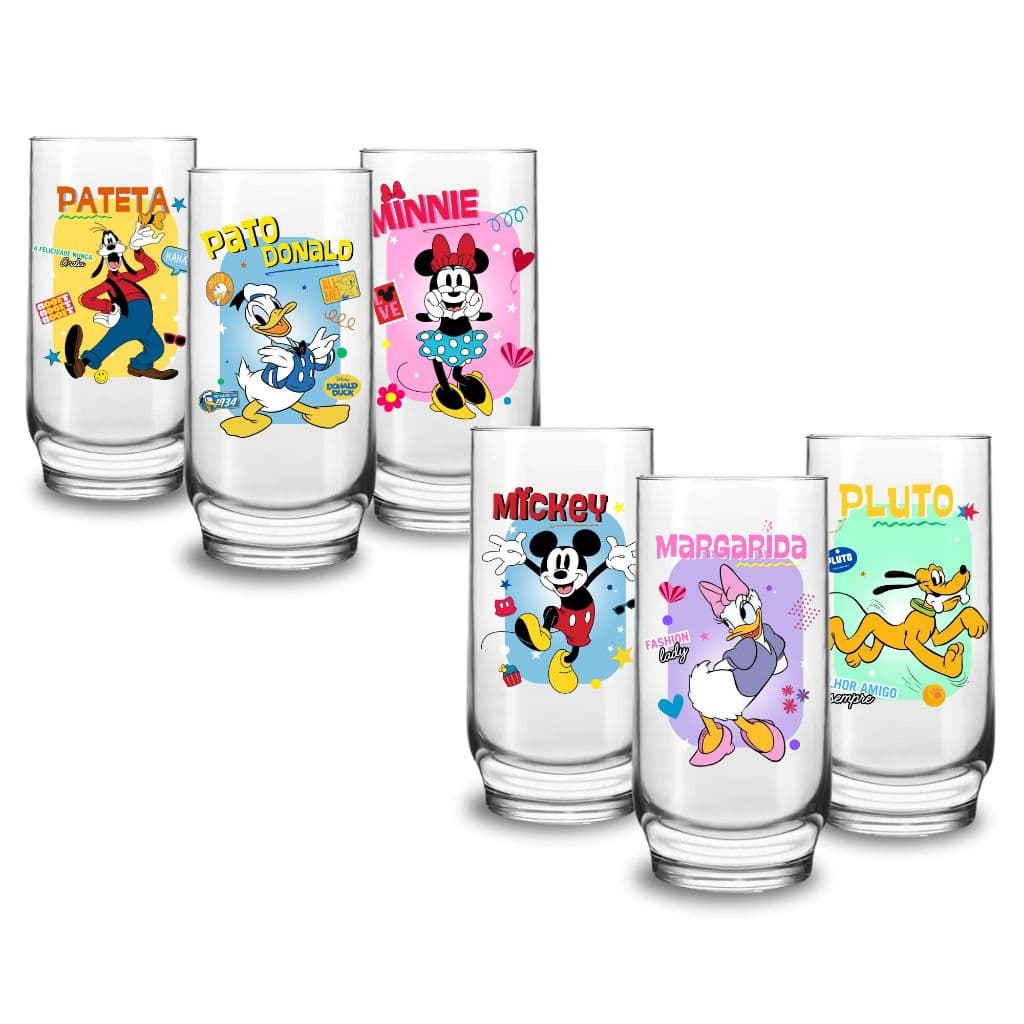 Kit 6 Copos 300ml Personagens Mickey e Amigos Personalizado Resistente Alta Qualidade Em Verniz