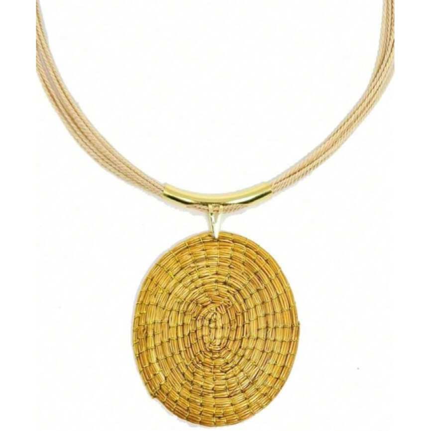 Colar De Capim Dourado Mandala Natural Cordão Bege Moda Feminina Verão Metal Folheado