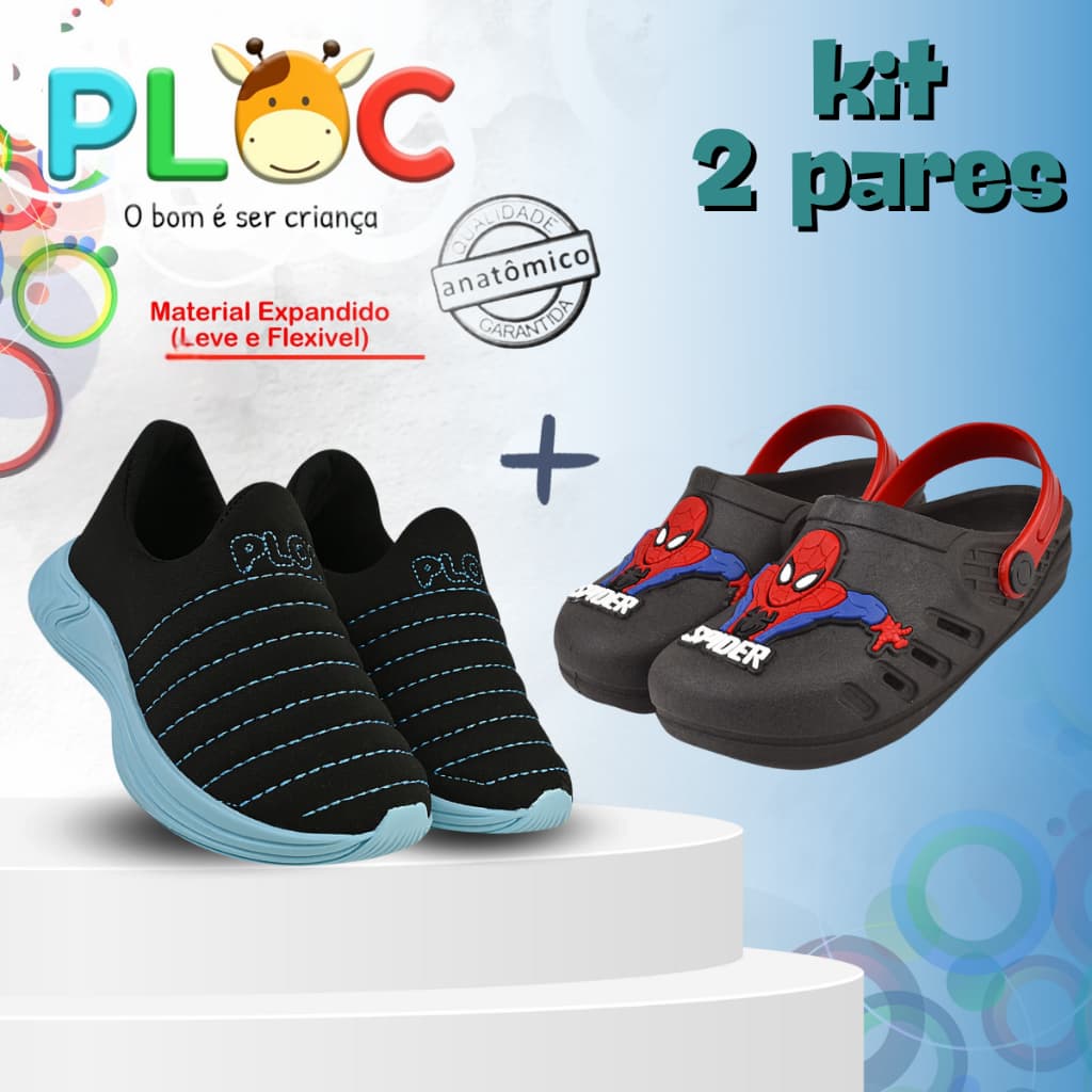 KIT 2 PARES PLOC - 1 TÊNIS COLORS MENINO + 1 SANDÁLIA (Bab07 preto homem aranha)