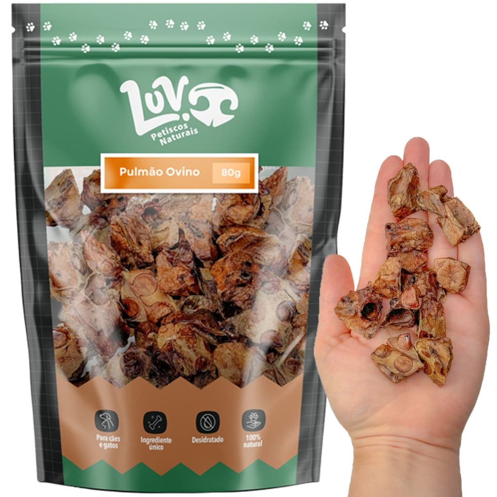 Petisco Natural Cães e Gatos Pulmão Ovino Desidratado 80g LUV Petiscos Naturais Cachorro