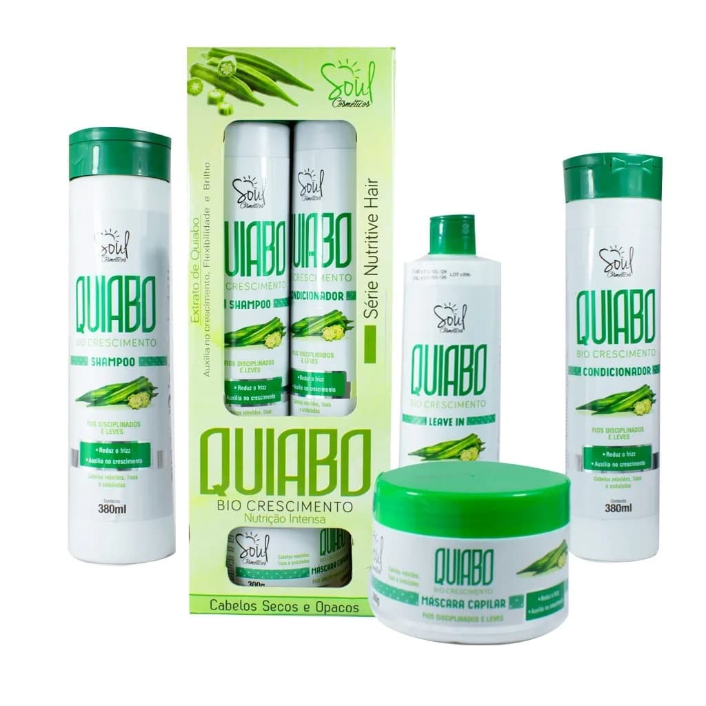 Kit Capilar 4 Peças Soul Cosméticos Kit contendo: - 1 Shampoo - 1 Condicionador - 1 Máscara capilar - 1 Leave in