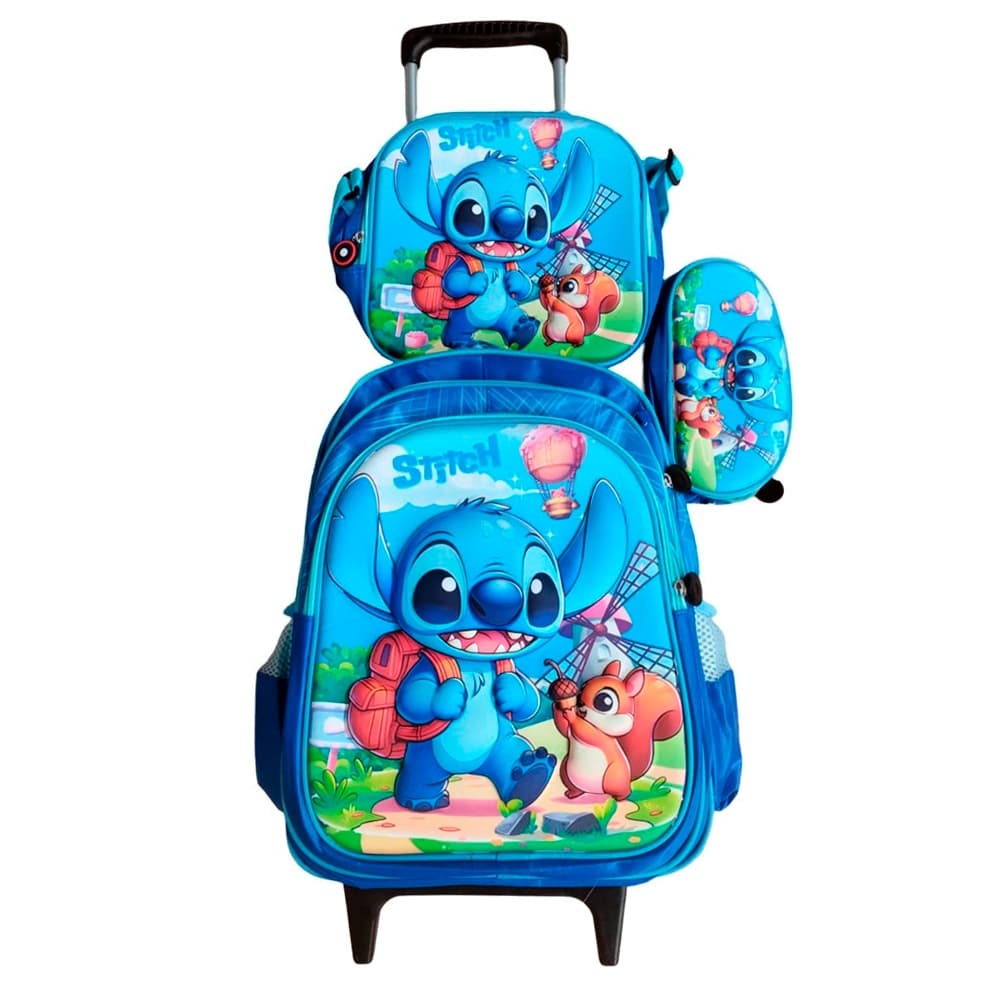Kit Mochila Stitch e Esquilo em 3D com Rodinhas + Lancheira Térmica + Estojo Escolar Unissex