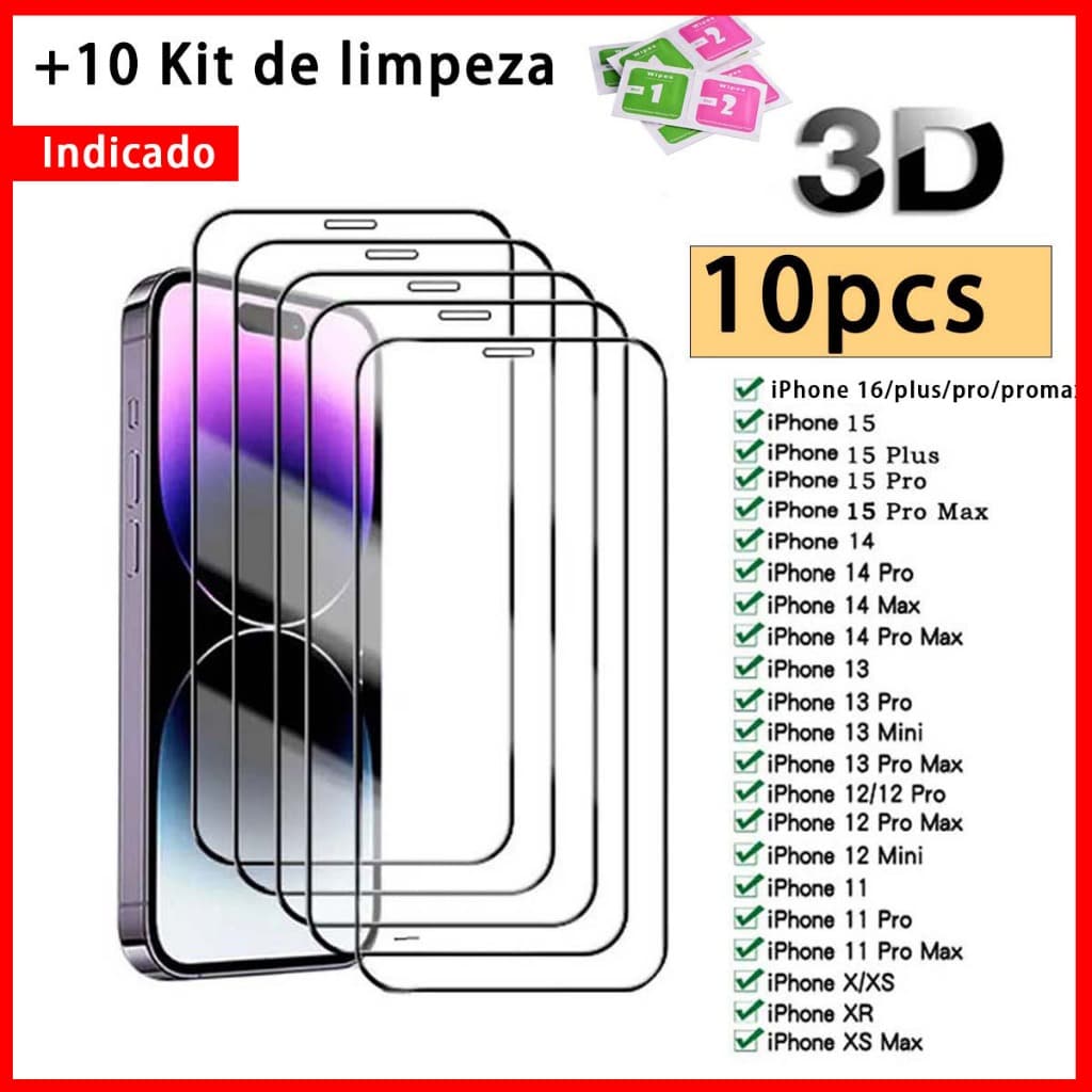 Kit 10 Película De Vidro Temperado 9H Para iPhone X Xs Xr 11 Pro Max 12 13 14 15 16 Pro Max