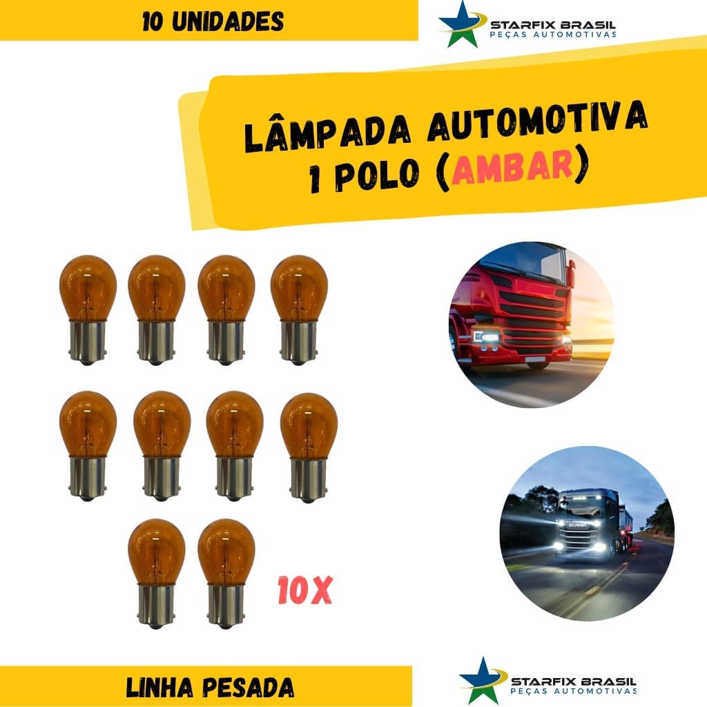 Lâmpadas Âmbar Automotivas (1141) P21W 1 Polo 21W 24V 10 Unidades Linha Pesada