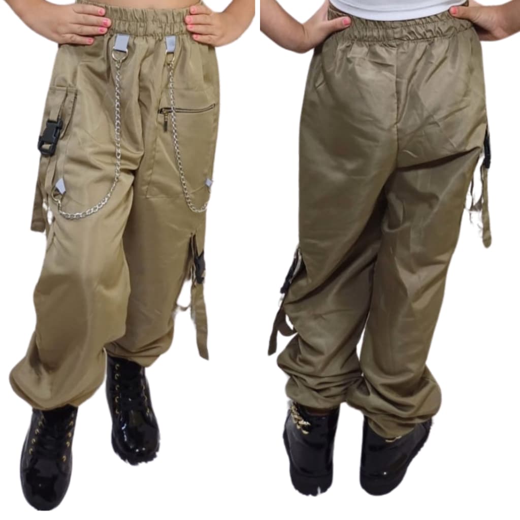 CALÇA CARGO JOGGER INFANTIL COM CORRENTES MODA GRINGA NO BRAS UNISSEX EM TACTEL