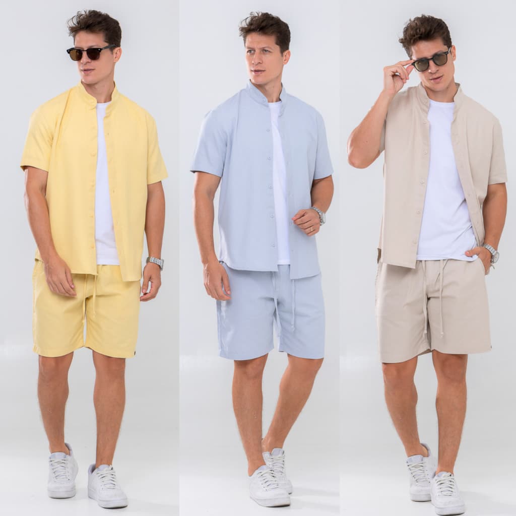 Conjunto Masculino de Linho Camisa Linho botão e Bermuda