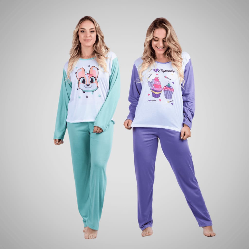 Kit 2 Pijama Longo Adulto Conjunto Dormir Feminino Frio Manga Comprida Estampa Sortida Poliéster Linha Noite Inverno 314