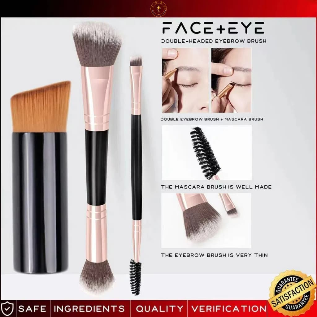 Escova Base Cabeça Oblíqua + Escova Pó Solto Contorno Duplo + Pincel Chanfrado e Duplo Para Sobrancelha