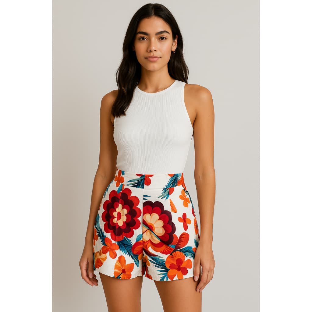 Short Feminino Inspiração Estampado em Alfaiataria