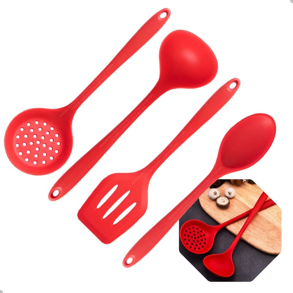 Kit Utensílios Silicone com 4 pçs contém 1 Escumadeira , Espátula, Concha e Colher para servir