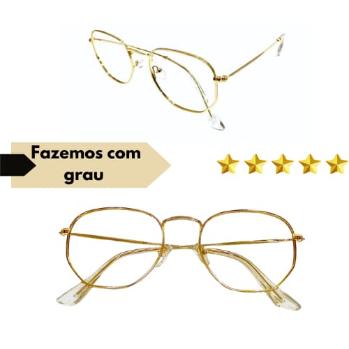 Óculos Completo Armação Metal Feminina Hexagonal Dourado Com Lentes Em Anti Reflexo Com Seu Grau