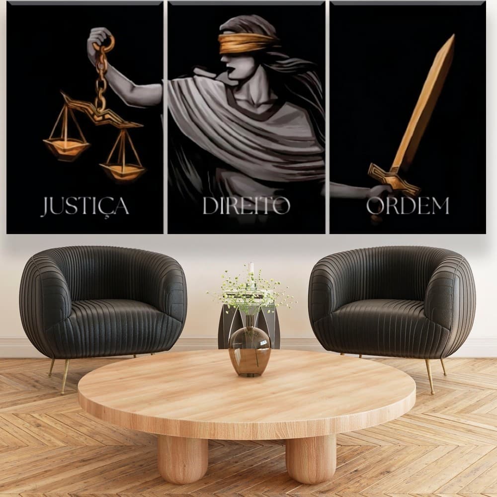 Quadro decorativo direito faculdade deusa da justiça fundo preto 3 peças sala quarto cozinha e escritório decoração
