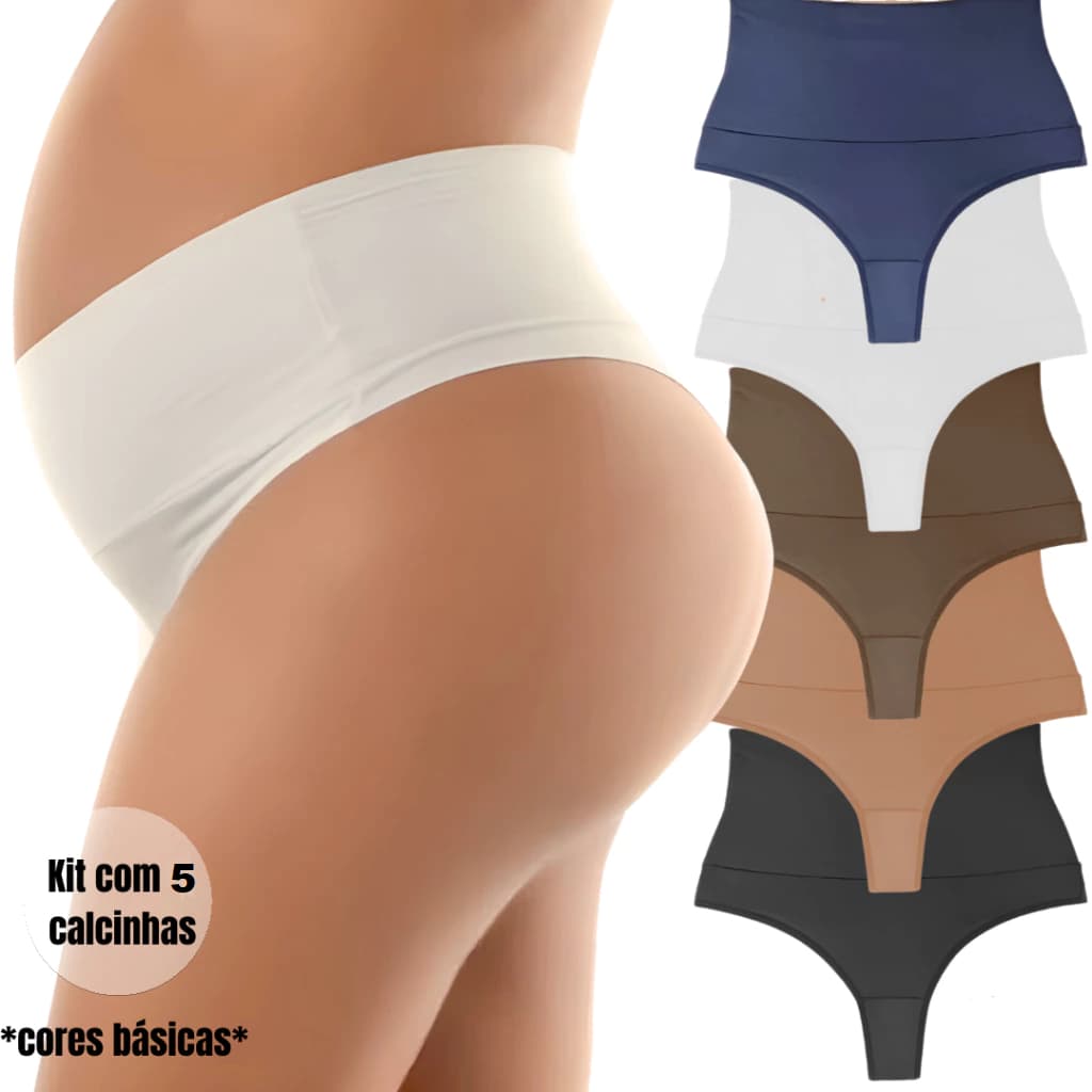 Kit 5 Calcinhas Cós Alto Gestante Grávida Pós Parto Fio Duplo Não Marca CORES BÁSICAS