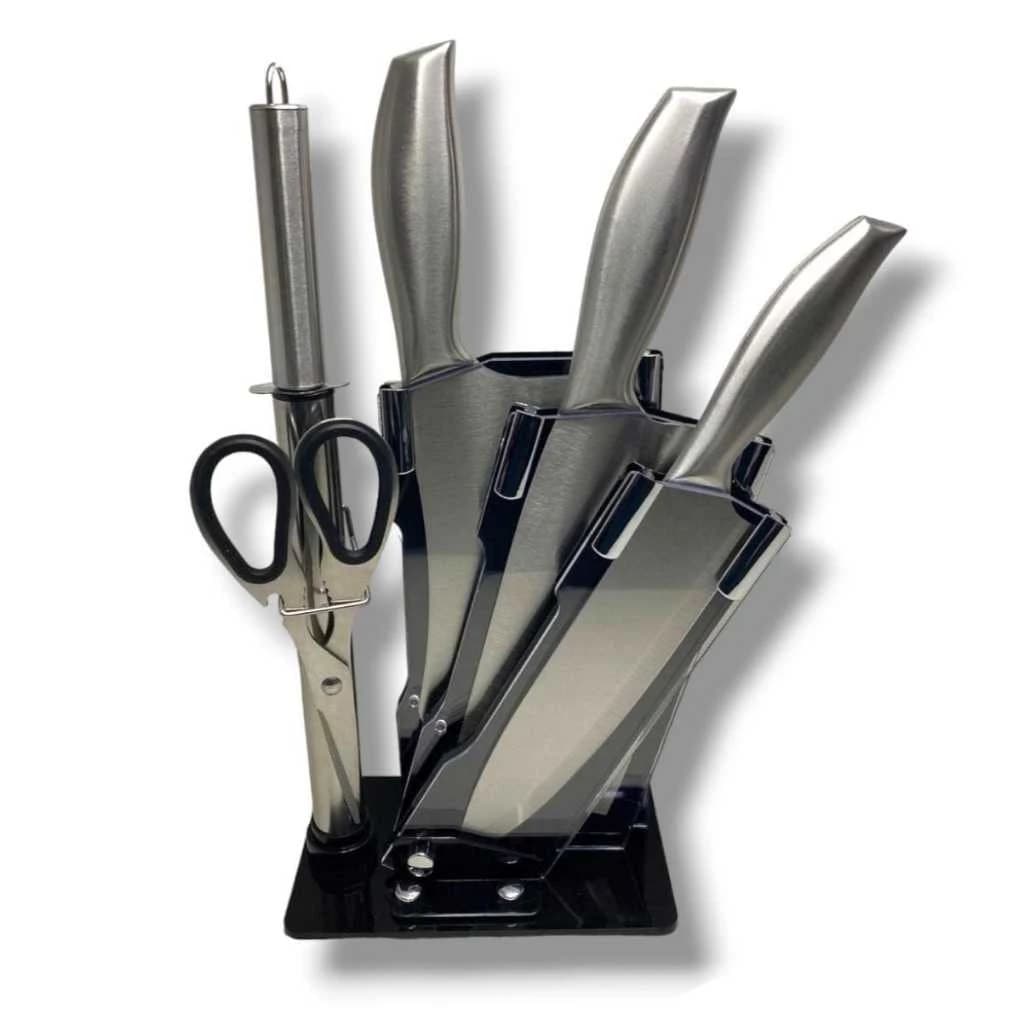Kit de Facas 6 Peças Inox Com Suporte de Acrílico Tesoura, Chaira - Facas Luxuosas - BINGO
