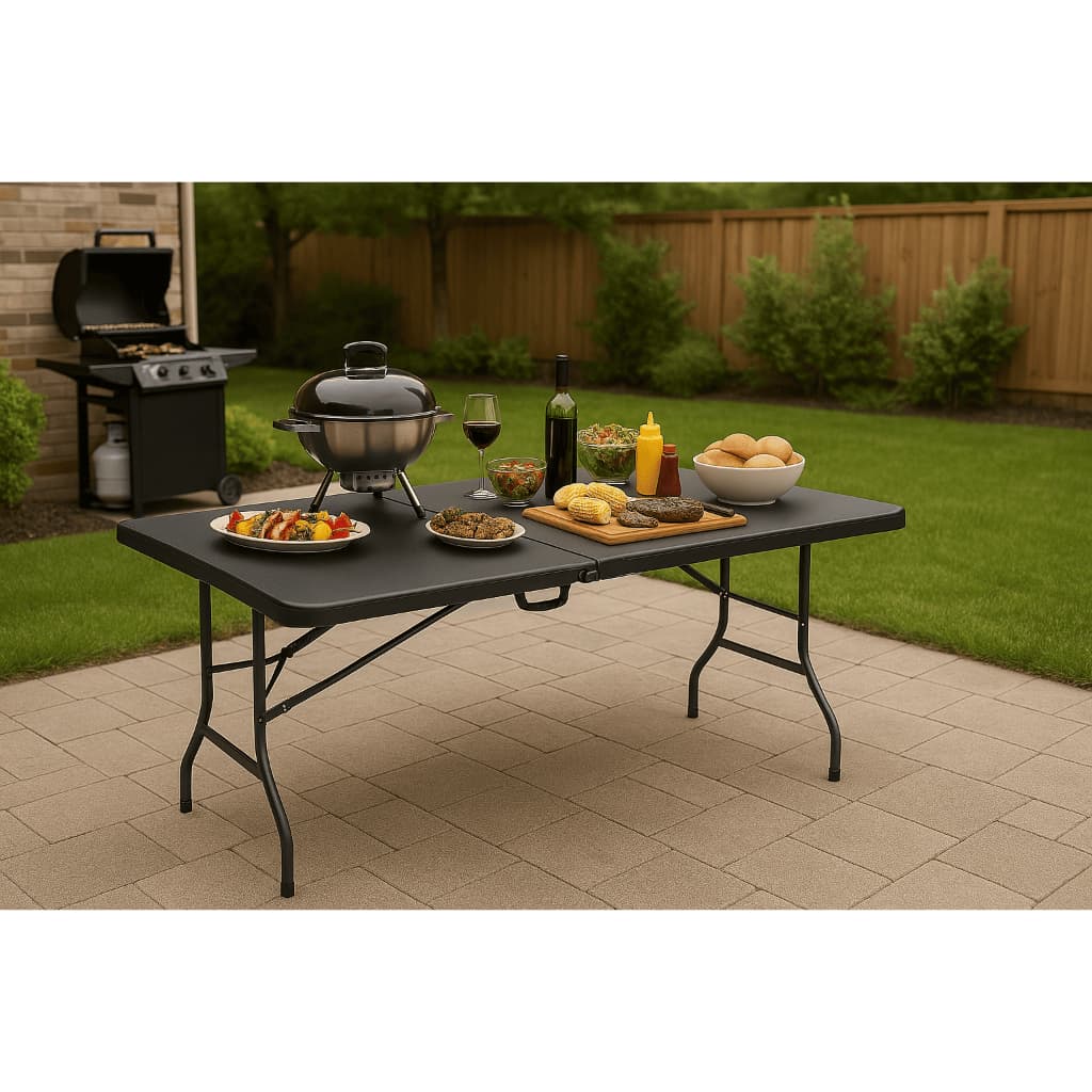 Mesa Dobrável Portátil De Plástico Que Vira Maleta Para Camping Praia Churrasco 180x74cm Preta