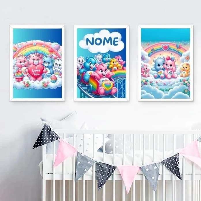 Quadro Ursinho Carinhosos Infantil com Nome Personalizado 3 Peças