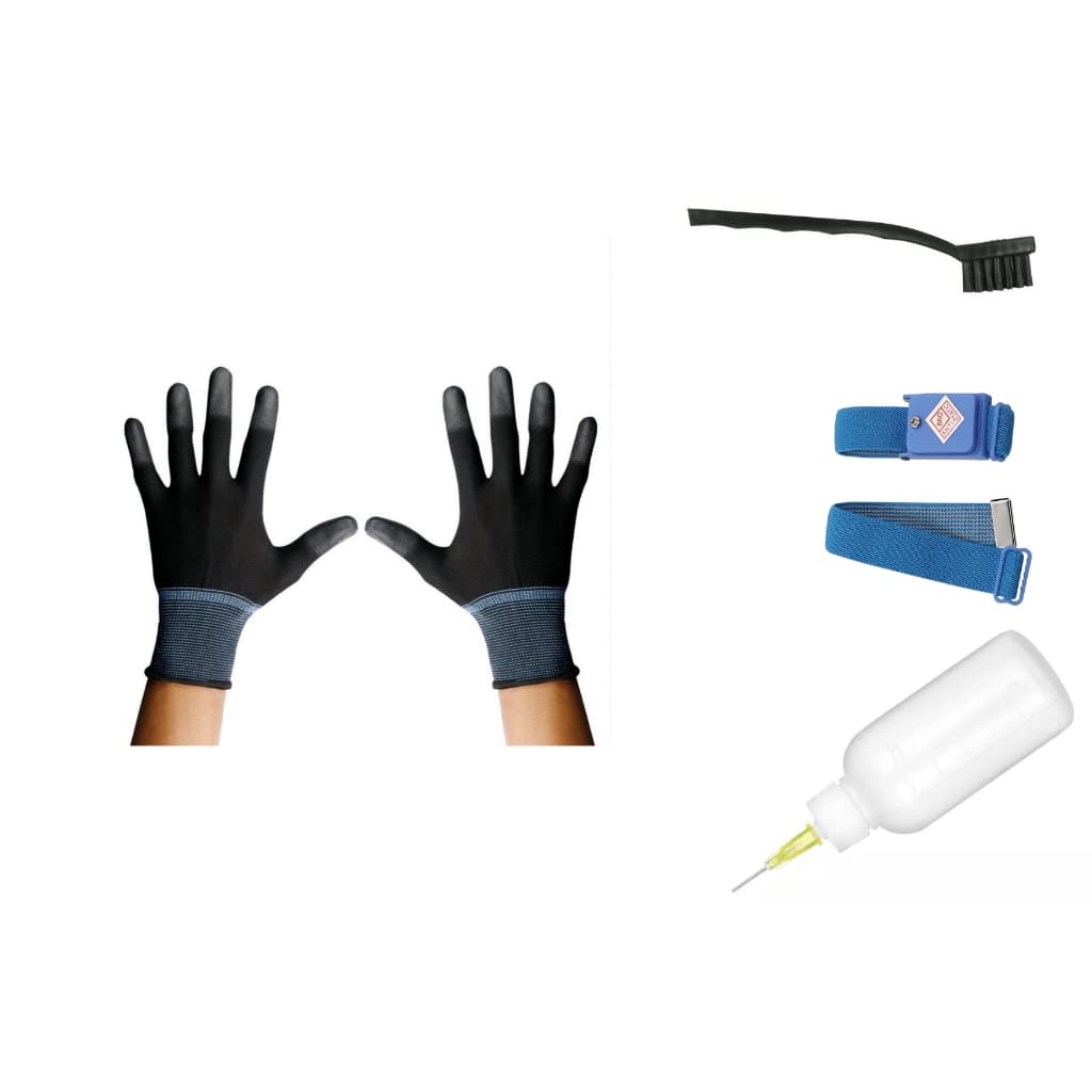 KIT ANTI ESTÁTICO BÁSICO COM LUVA PULSEIRA ESCOVA E DISPENSER IDEAL PARA REPROS EM PLACAS ELETRÔNICAS EM GERAL