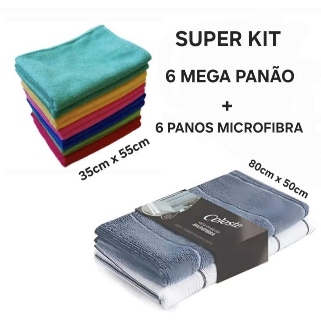 Kit Com 6 Mega Panao Microfibra  + 6 Pano Limpeza Flanela 35 x 55  Limpeza Casa Carro Sem Fiapos Alta Qualidade