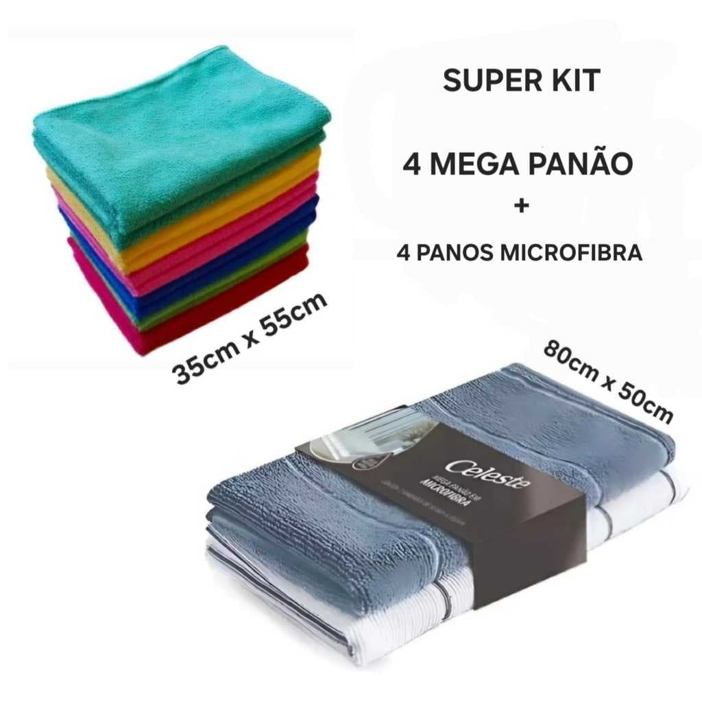 Kit Com  + 4 Pano Limpeza  35 x 55 + 4 Mega Panao Toalha Microfibra Alta Qualidade Limpeza Casa Carro Facillidade