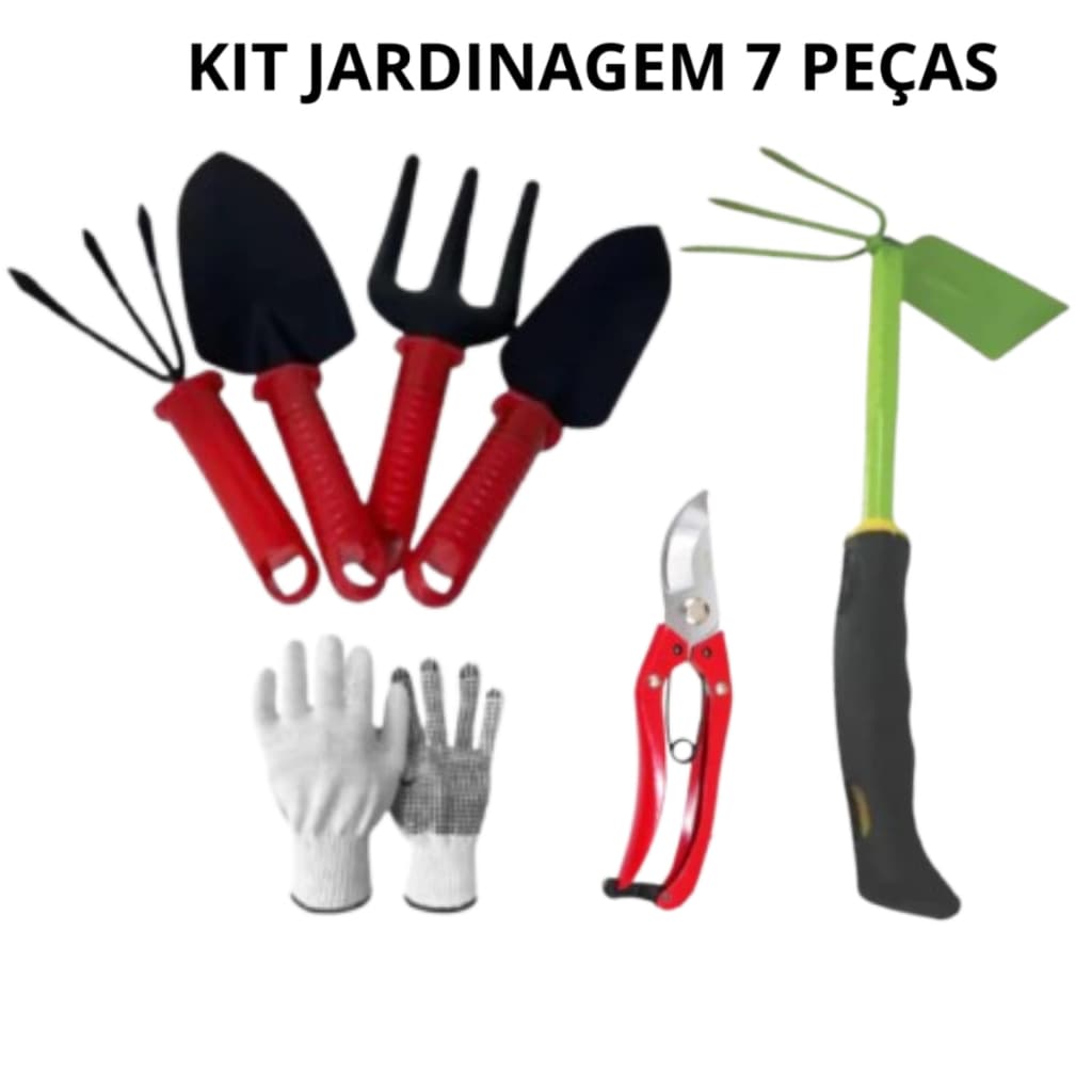 Kit Jardinagem 7 Peças Luva  Mini enxadinha e garfo  4 Mini ferramentas Tesoura de poda - Lotus