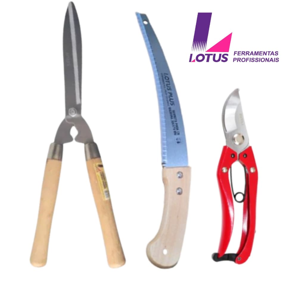 Kit 3 Ferramentas para Jardinagem  Tesoura Poda + Tesoura de grama  + Serrote para poda - Lotus