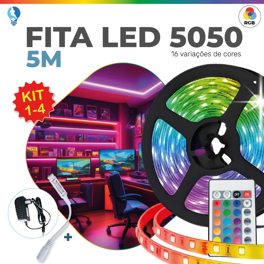 Fita LED 5050 Super Led Ultra RGB 5M 12v 300 Leds | Fita + Controle + Fonte | 16 Cores
