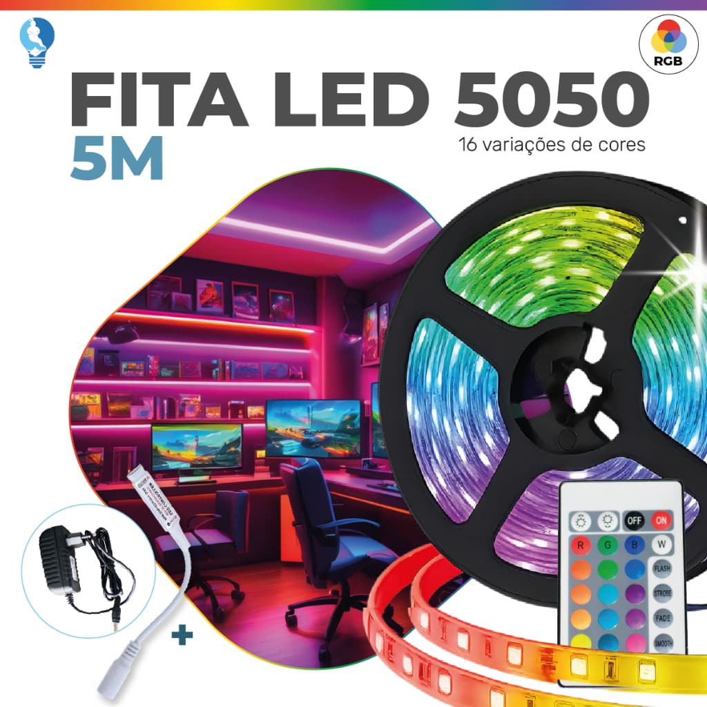 Fita LED 5050 Super Led Ultra RGB 5M 12v  300 Leds | Fita + Controle + Fonte | 16 Cores IP20 Pronta Entrega