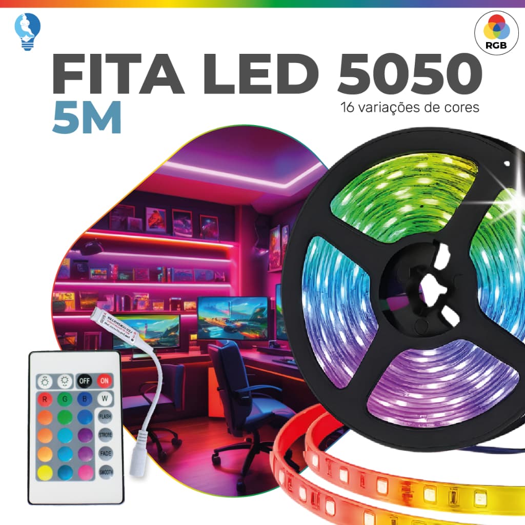Fita LED 5050 SUPER LED ULTRA RGB 5M 12V  300 LEDS FITA + CONTROLE | 16 CORES IP20 Sem Fonte