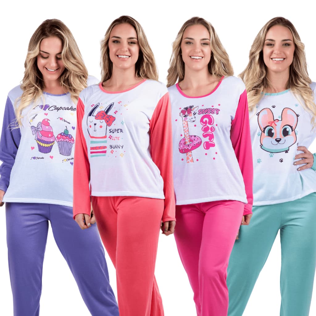 Kit 4 Conjunto De Dormir Longo Colors Estampas Sortidas Frio Confortável Inverno Feminino Adulto 314