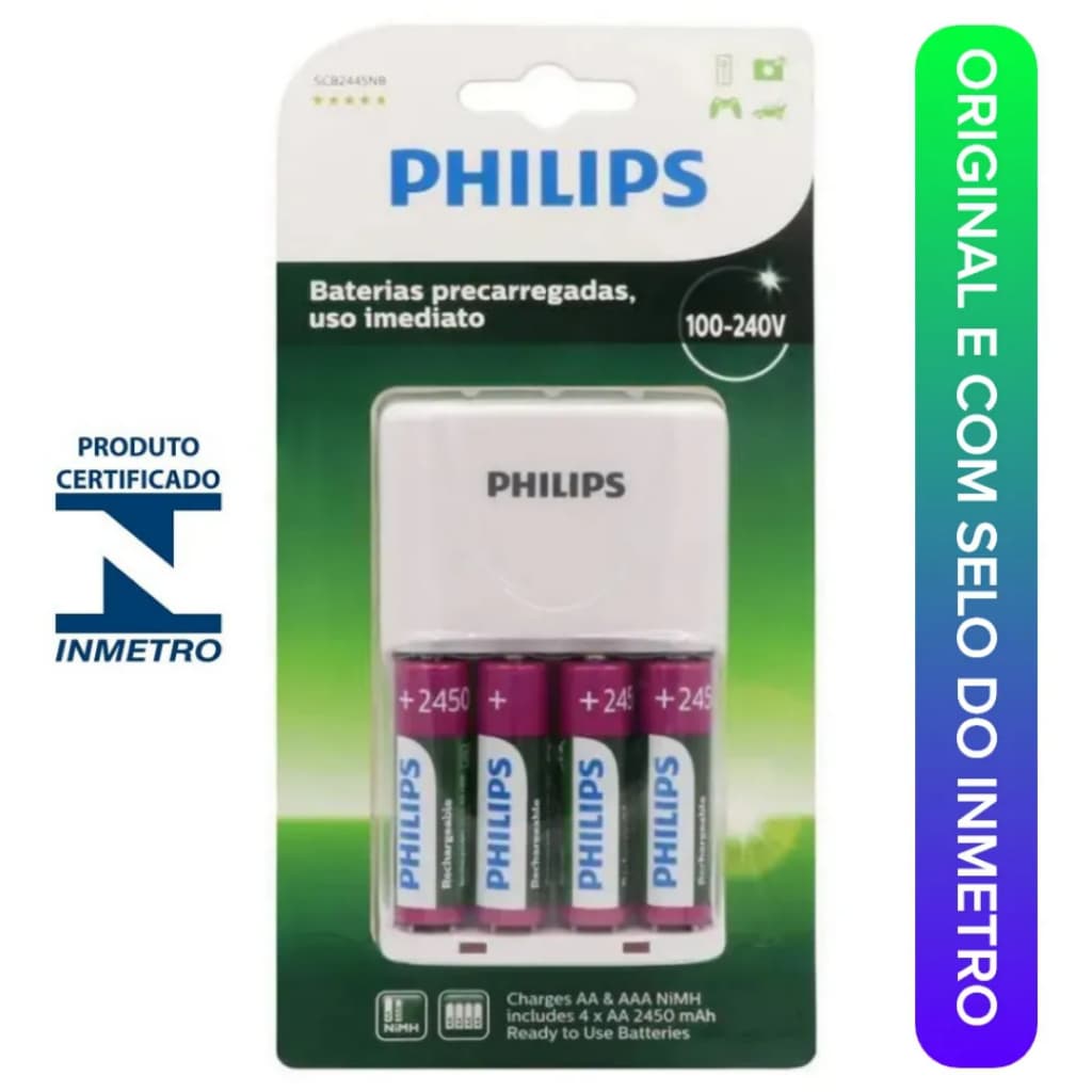 Carregador De Pilhas recarregável Philips AA e AAA vem Com 4 Pilhas Aa pequenas