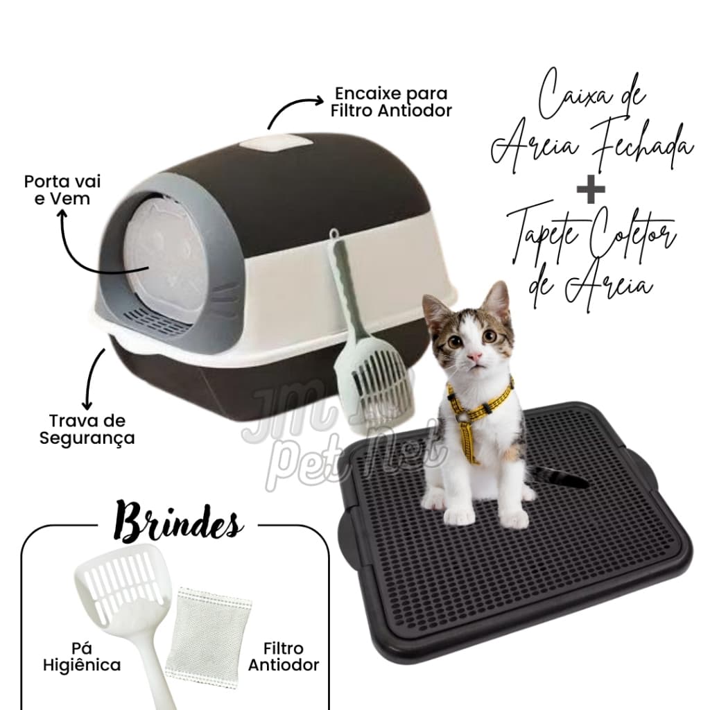 Kit Caixa de Areia para Gatos Fechada Banheiro + Tapete Coletor C/ Pá e Filtro Anti Odor Promoção