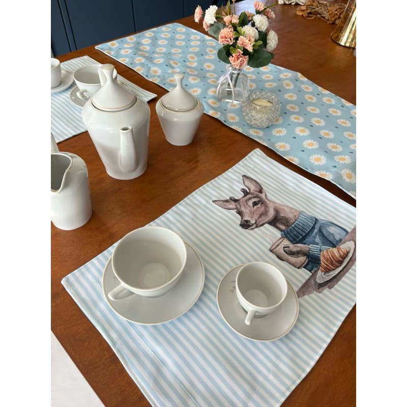 Kit Jogo Americano 2 em 1 Dupla Face Tecido Impermeável Premium Mesa Posta Café e Margaridas Azul
