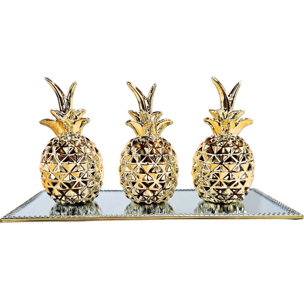 Kit 3 Abacaxis Decorativos de Cerâmica e Bandeja Espelho