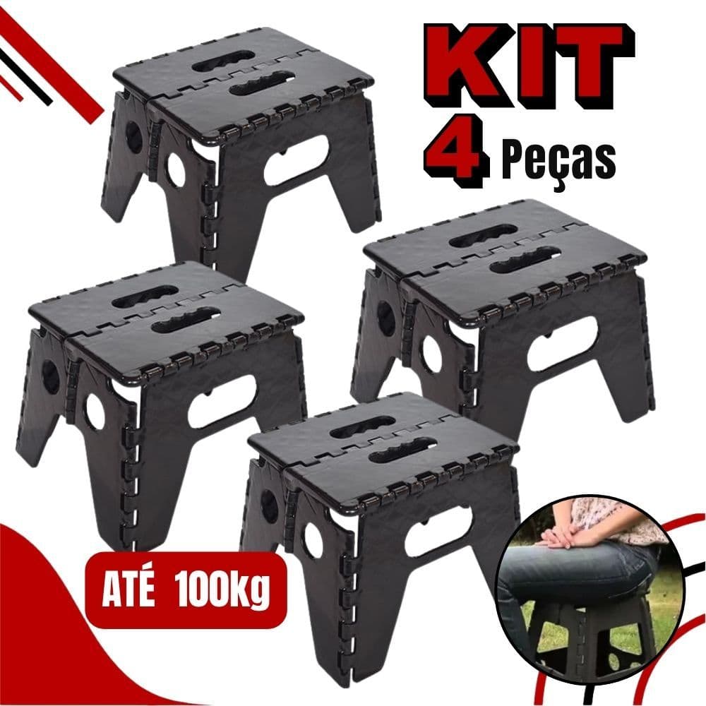 Kit 4 Banquinhos Banqueta Dobrável Com ou Sem Encosto De Plástico Portátil Reforçado Multiuso Até 100kg