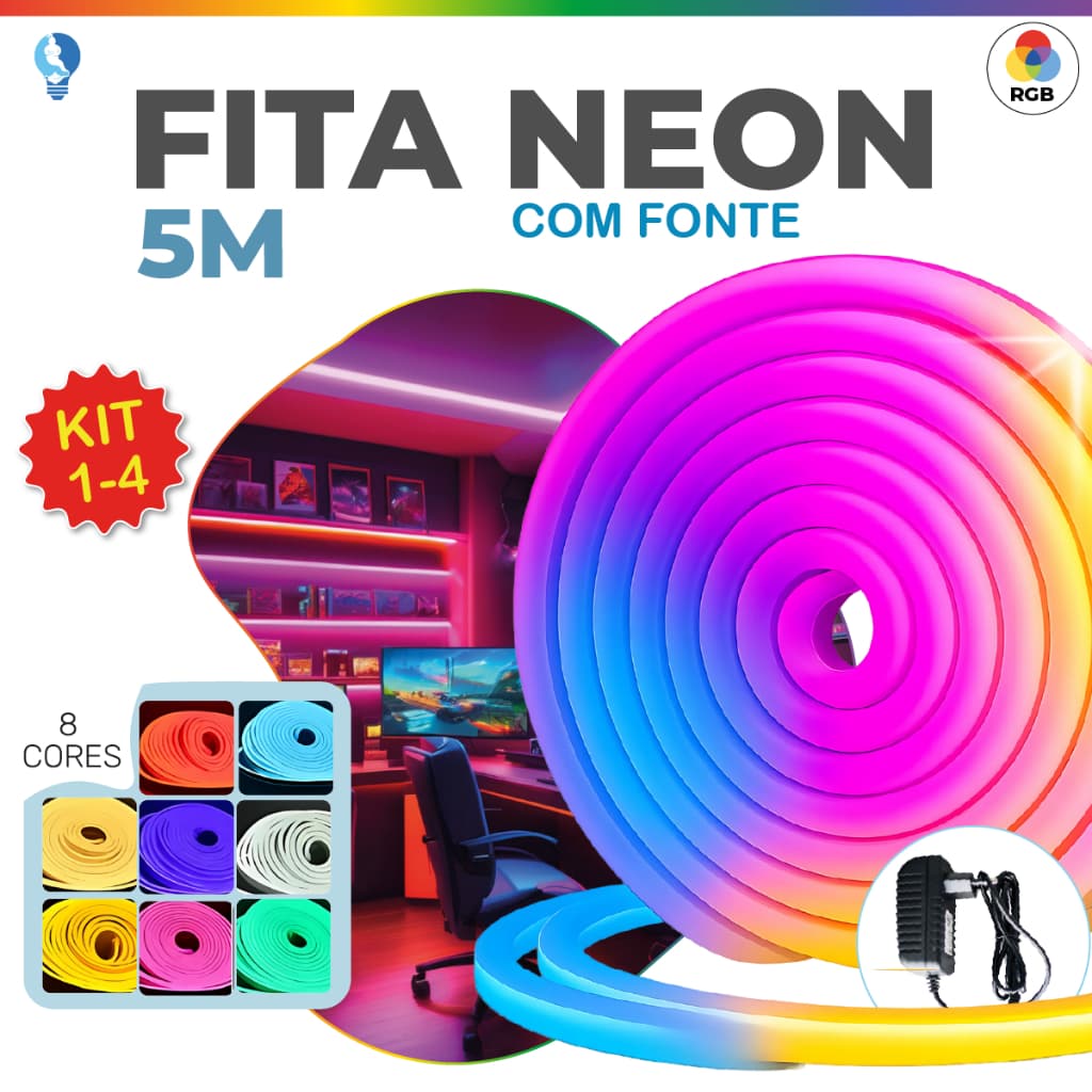 Fita de LED Mangueira Neon 5 Metros 60W Flexível Com Fonte 12V | 8 Cores