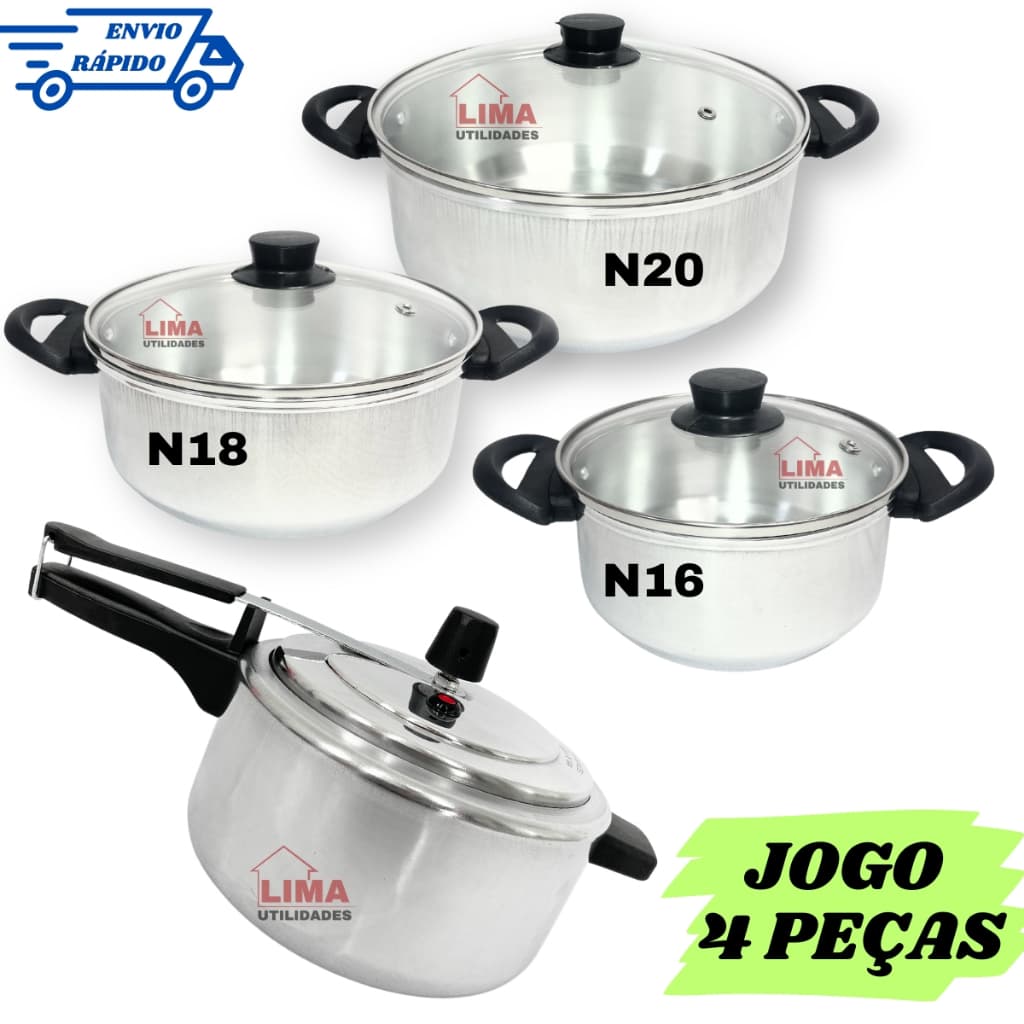 Jogo de Panelas Tampa de Vidro Conjunto 4 Peças Com Caçarola 16-18-20 + Panela De Pressão 3 Litros
