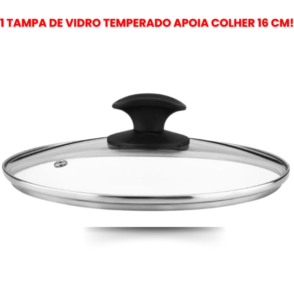 Tampa De Vidro Temperado Para Caçarola 16 Cm Pomel Com Apoio Para Colher Utensílios De Cozinha