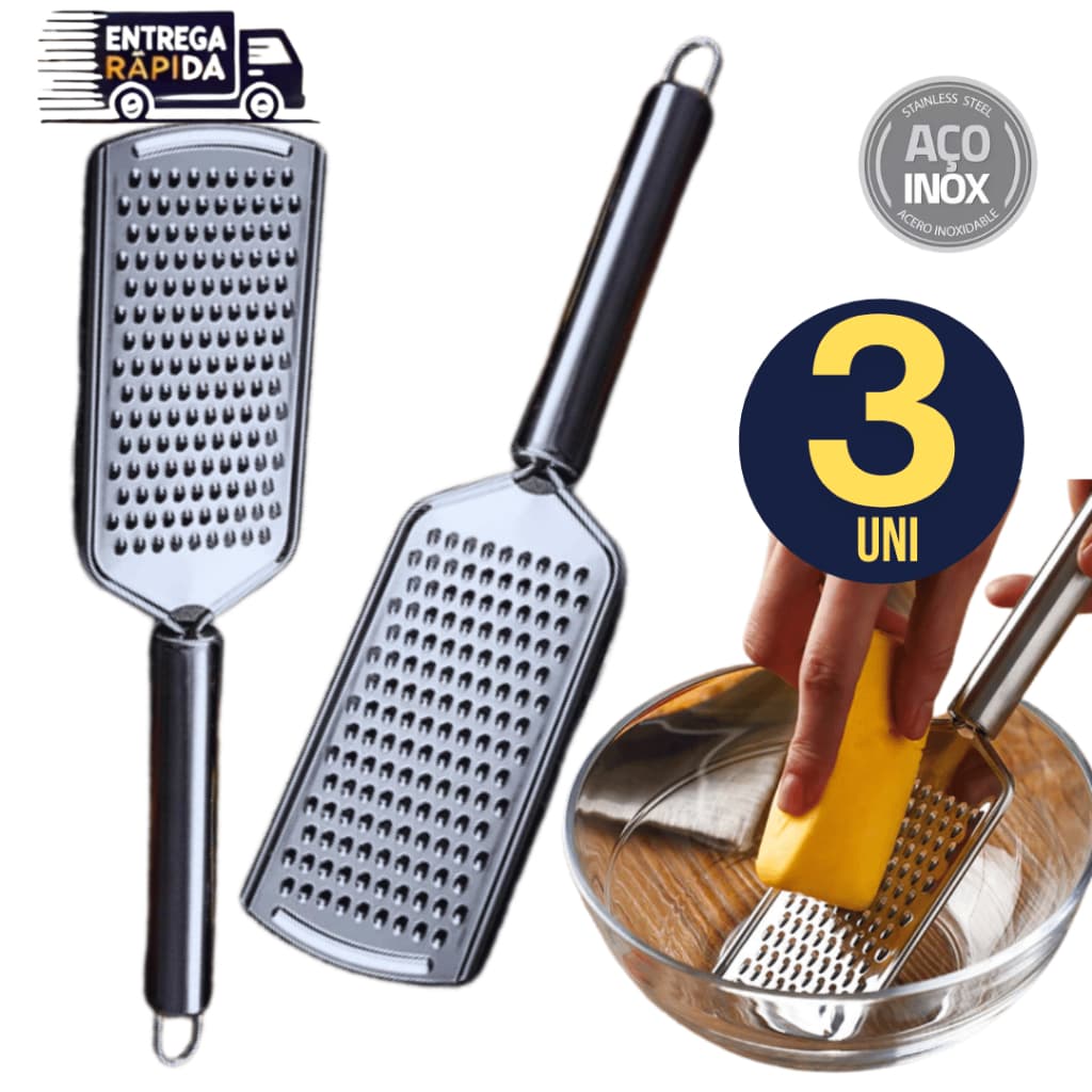 Jogo Kit 03  Ralador 24cm Manual  De Aço Inox Multifuncional Para Queijo e Legumes Cozinha Fino 24cm x 5,5cm