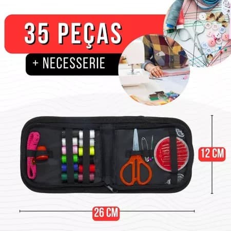 Kit De Costura Com 35 Peças Completo Linhas Agulhas Alfinetes Passador de Linha + Estojo Nécessaire Top