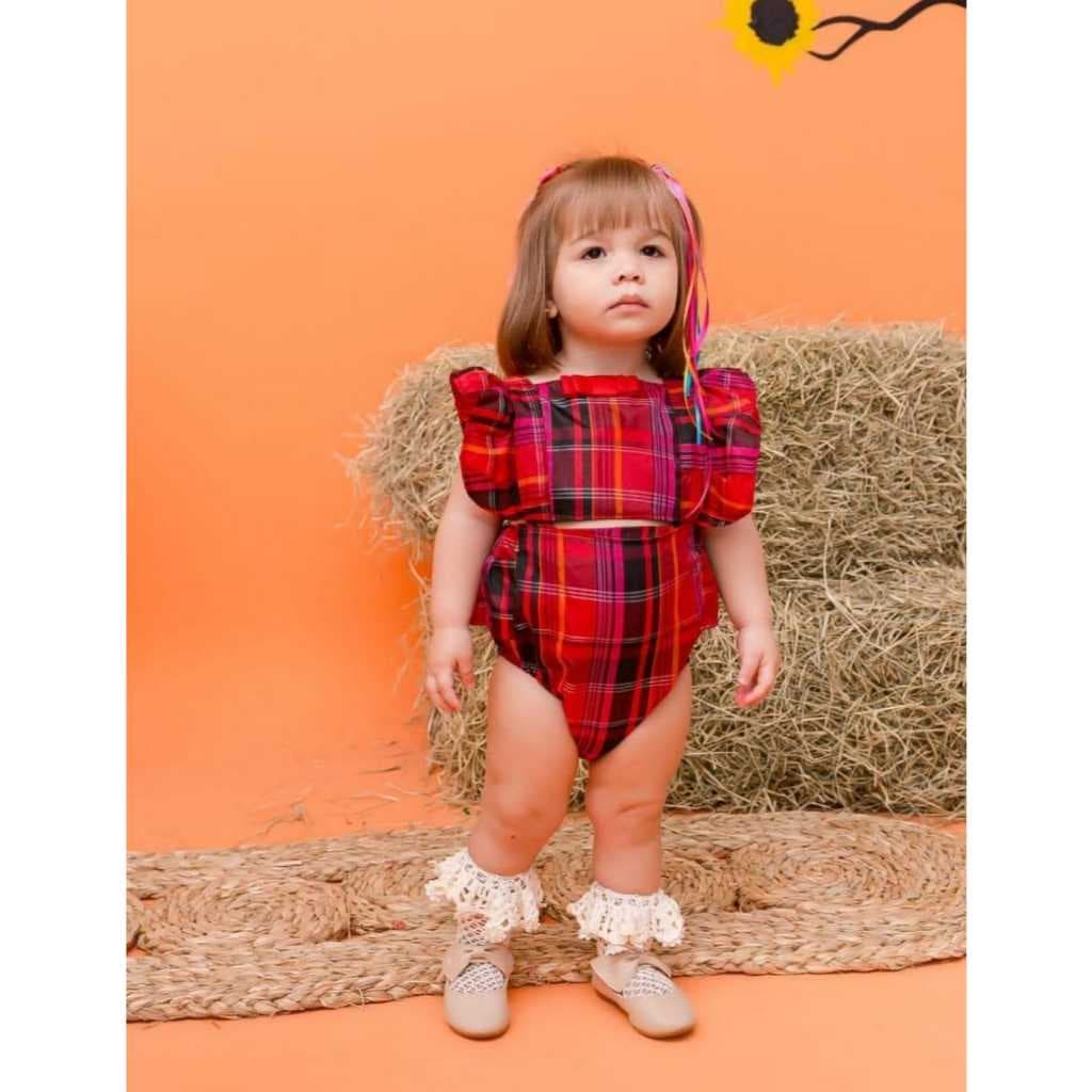Romper Junino Xadrez Bebê Menina Romper São João Mês Versário Junino São João Roupa Junina Infantil Romper xadrez baby