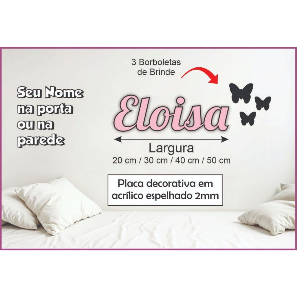 Nome em Acrílico Espelhado para decoração em portas, paredes, madeira, cabeceira de cama